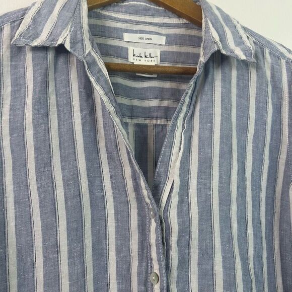 Nicole Miller 100% Linen Button Down Shirt M Blue White Stripe Roll Tab Sleeves - Picture 6 of 11